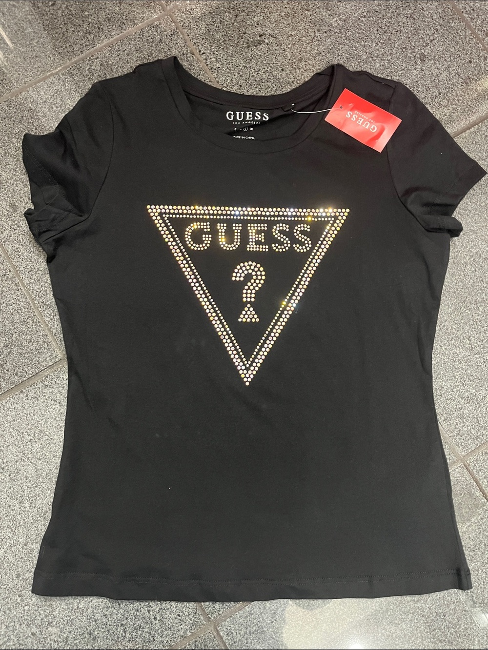 Guess Black Short-Sleeve Tee with Gold Rhinestone Logo